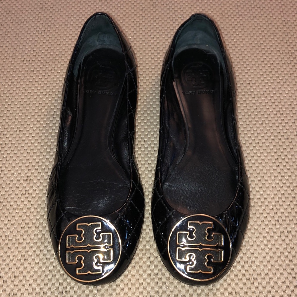 Tory Burch Black Quilted Patent Leather Flats